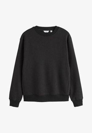 Sweat-shirt noir à col rond, manches longues, poignets et ourlet côtelés, présenté sur fond blanc.