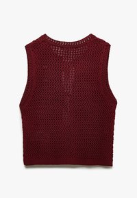 Burgunderfarbener ärmelloser Stricktop mit lockerem, offenem Gewebe und geripptem Saum. Verfügt über einen runden Ausschnitt und einen strukturierten, atmungsaktiven Stoff.