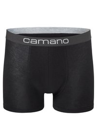 Boxer shorts neri in tessuto liscio, con un elastico grigio in vita su cui è stampato in bianco "camano". Design con gamba corta e vestibilità aderente.