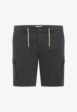 Črne cargo kratke hlače iz trpežnega materiala, z gumbom za zapiranje, elastičnim pasom na vrvico in stranskimi žepi s poklopci.