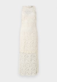 Kanten jurk in off-white, mouwloos ontwerp met bloemenpatronen. Heeft een hoge halslijn en een gegolfde zoom, met een ingewikkelde textuur.