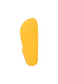 Suola di scarpa in gomma gialla con un motivo a ondulazione, logo in rilievo e indicazioni delle taglie, superficie liscia e bordi arrotondati.