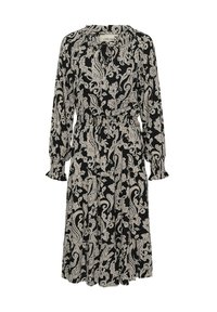 Rochie neagră cu un model paisley bej, cu mâneci lungi și mansete volanate, decolteu tip cheie și talie elastică. Design dintr-un material fluid.