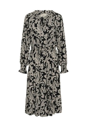 Mustmust värvi kleit beežide paisleimustritega, pika varrukaga ja volangvarrukatega, võtmekaelusega ning elastse vöökohta. Voogav kangadisain.