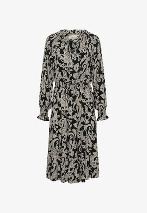 Mustmust värvi kleit beežide paisleimustritega, pika varrukaga ja volangvarrukatega, võtmekaelusega ning elastse vöökohta. Voogav kangadisain.