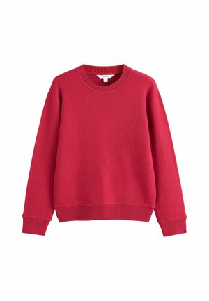 Red long-sleeve crew neck sweater with ribbed cuffs and hem, plain design, displayed flat on a white background.