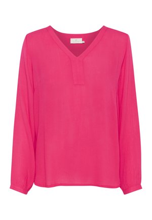 Pink long-sleeve blouse with a V-neckline and subtle front placket. Made of lightweight, semi-sheer fabric; features elasticized cuffs.