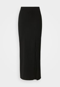 Longue jupe crayon noire à taille haute avec une petite fente à l'avant, présentée sur un fond clair uni.