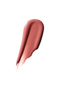 Échantillon lisse et brillant d'un rouge à lèvres liquide rose atténué ou d'un produit de maquillage crème sur fond blanc.