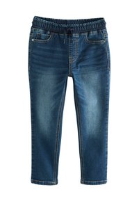 Pantaloni jogger din denim cu talie elastică, lungime până la genunchi, de culoare albastră închis cu decolorare mai deschisă, având buzunare standard și cusături în contrast.