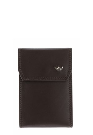 Dark brown leather wallet with flap closure, visible stitching, and small silver bull head logo on the front flap.