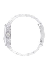 Orologio in plastica trasparente con cassa rotonda, lunetta liscia, grande corona e bracciale con maglie regolabili. Presenta un design minimalista.