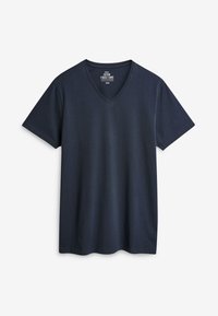 Tricou bleumarin din bumbac, cu decolteu în V și mâneci scurte. Prezintă o croială clasică și o textură netedă. Eticheta afișează mărimea 'Medie'.