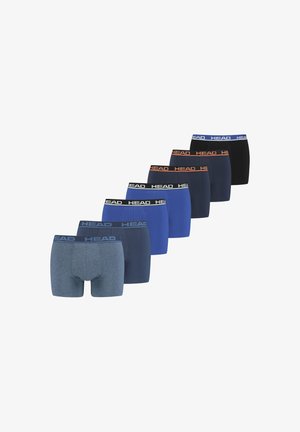 Seven pairs of men's boxer briefs in various colors: grey, navy, blue, and black, featuring logoed elastic waistbands.