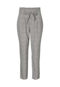 Gray plaid trousers featuring a tied waist, pleated front, and tapered legs. Fabric has a soft texture with a checkered pattern.