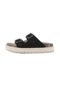 Sandalia deslizante de ante negro con dos correas ajustables, suela de yute estilo alpargata y plantilla plana, con un acabado texturizado y tejido.