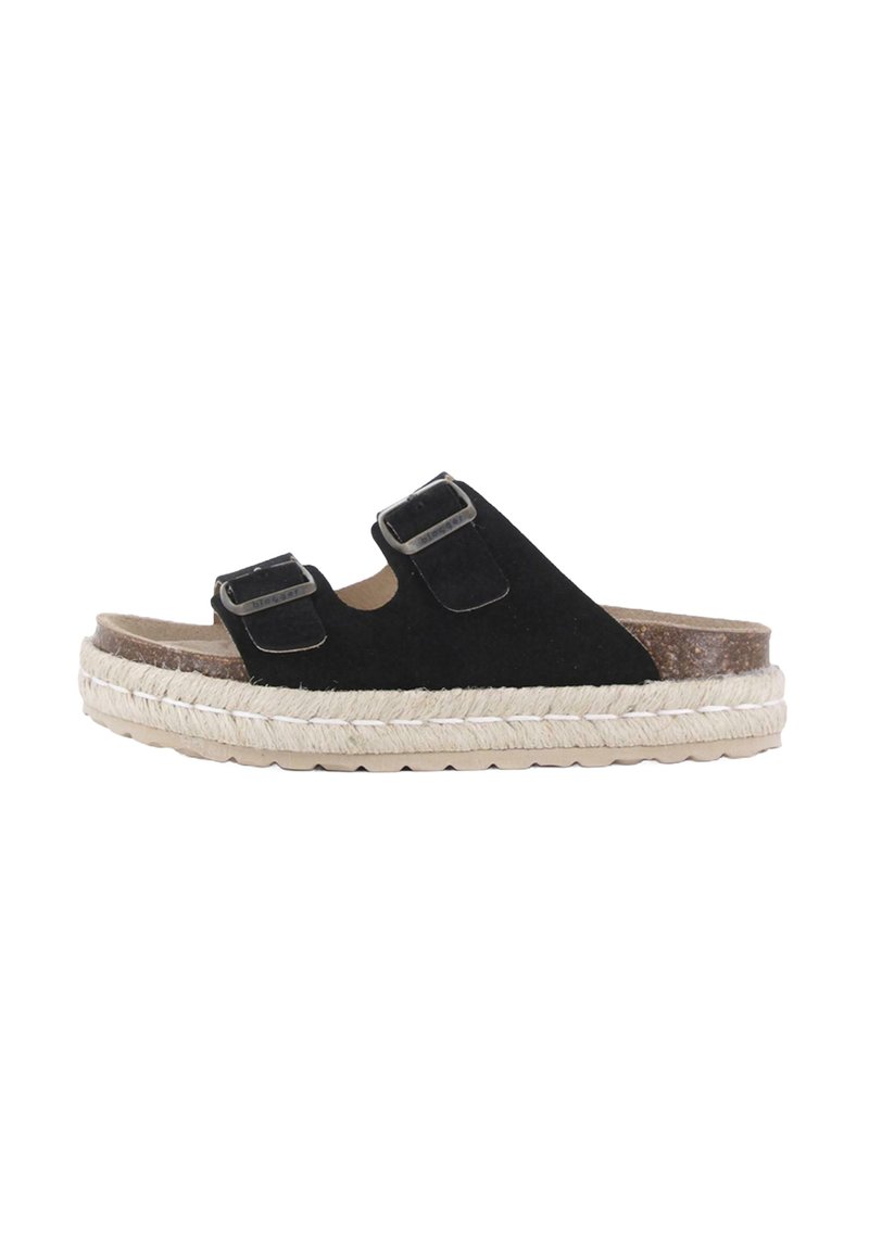 Sandalia deslizante de ante negro con dos correas ajustables, suela de yute estilo alpargata y plantilla plana, con un acabado texturizado y tejido.