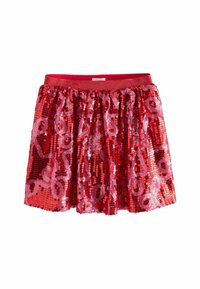 Roter Paillettenrock mit mehrlagigem Design, ausgestattet mit einem glänzenden elastischen Bund und wirbelnden pinken Akzenten überall.