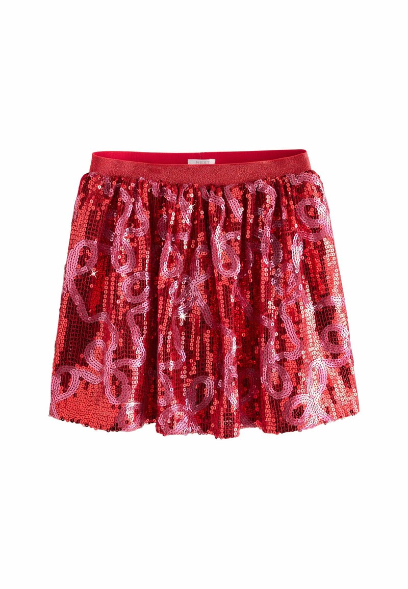 Roter Paillettenrock mit mehrlagigem Design, ausgestattet mit einem glänzenden elastischen Bund und wirbelnden pinken Akzenten überall.