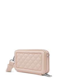 Překládaná béžová peněženka z kůže s obdélníkovým tvarem, dvěma zipovými přihrádkami a odnímatelným popruhem. Hliníková povrchová úprava ve stříbrné barvě.