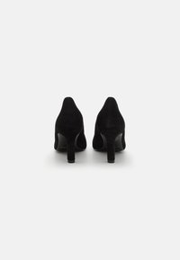 Black suede high heel shoes with pointed toes, a smooth finish, and moderate heel height, viewed from the back.