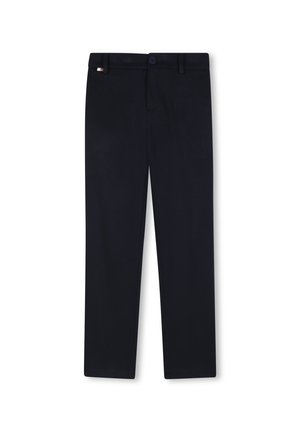 Pantalon noir uni à jambes droites avec passants de ceinture, un bouton et une braguette à glissière, présenté à plat sur fond blanc.