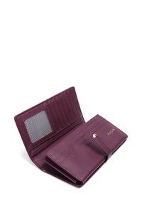Burgundy leather wallet with multiple card slots and a transparent ID pocket. Features a snap closure and embossed logo detail.