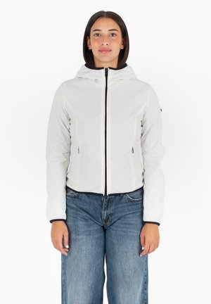 Witte, hoodie-jack met een getailleerd ontwerp, ritssluiting aan de voorkant en twee zijzakken. Heeft zwarte boorden langs de randen. Soepele textuur.