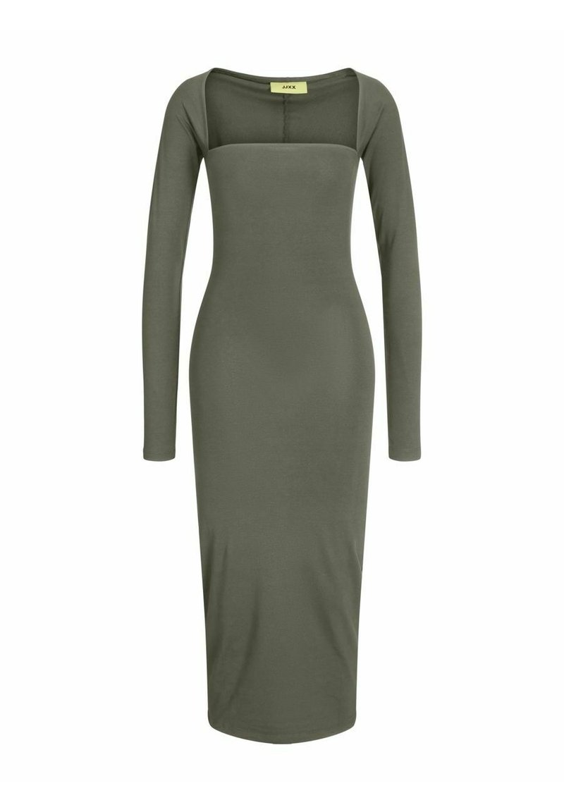 Robe ajustée à manches longues en jersey vert olive. Décolleté carré, silhouette moulante et longueur mi-mollet avec une texture lisse.