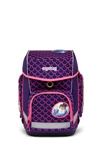 Purple backpack with a pink scale pattern, featuring reflective accents, a front pocket, and a round fish-themed badge.