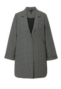 Blazer noir et blanc à pois avec un col cranté, des manches longues et une coupe droite. Fabriqué en tissu texturé. Design à l'avant ouvert.