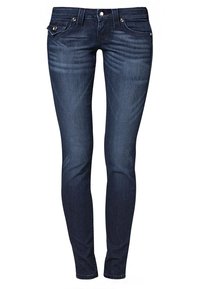 Smala jeans i mörkblå denim, med en klassisk femfickdesign, silverfärgad metall och en slät textur.