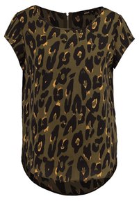 Blouse à manches courtes en vert olive avec un imprimé léopard noir et beige. Caractérisée par un col rond et une fermeture éclair au dos. Tissu lisse.