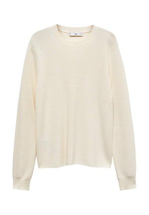 Svijetlo bež pletena pulover s dugim rukavima, okruglim izrezom i rebrastim manžetama. Tekstura izgleda meko i tkanje je labavo.