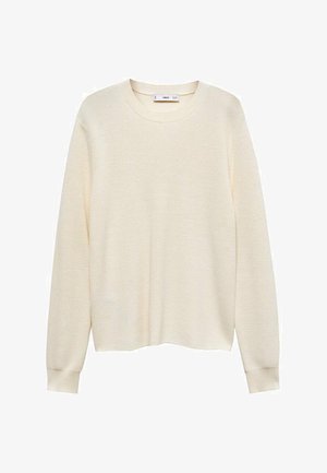 Svijetlo bež pletena pulover s dugim rukavima, okruglim izrezom i rebrastim manžetama. Tekstura izgleda meko i tkanje je labavo.