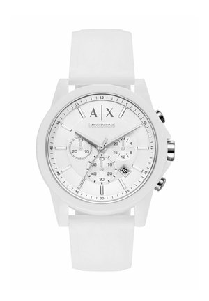 Biały zegarek na rękę Armani Exchange z tarczami chronografu, wskazaniem daty pokazującym 19 oraz srebrnymi przyciskami po boku.