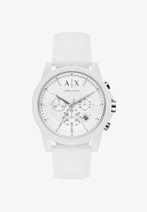 Witte Armani Exchange polshorloge met chronograafdials, datumweergave die 19 toont en zilverkleurige knoppen aan de zijkant.