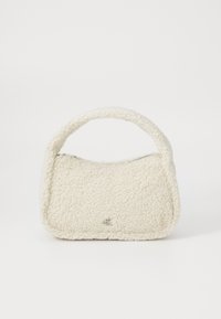 Borsa a tracolla bianca in materiale peloso, con manico curvo e chiusura con zip. Logo discreto sul davanti.