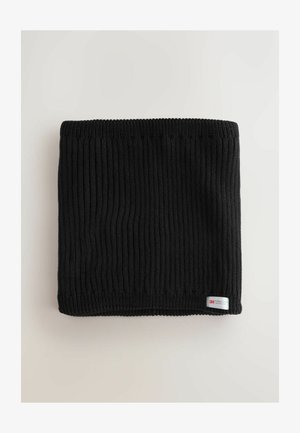 Black ribbed neck warmer made from soft knit material, featuring a small 3M Thinsulate tag on the bottom for insulation and warmth.