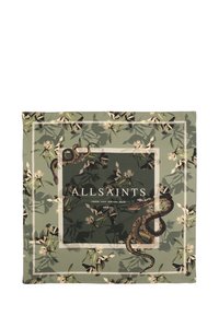 Vierkante sjaal met een groen bloemmotief en een slang-illustratie, omrand met witte lijnen. Het "AllSaints" logo is prominent gecentreerd.