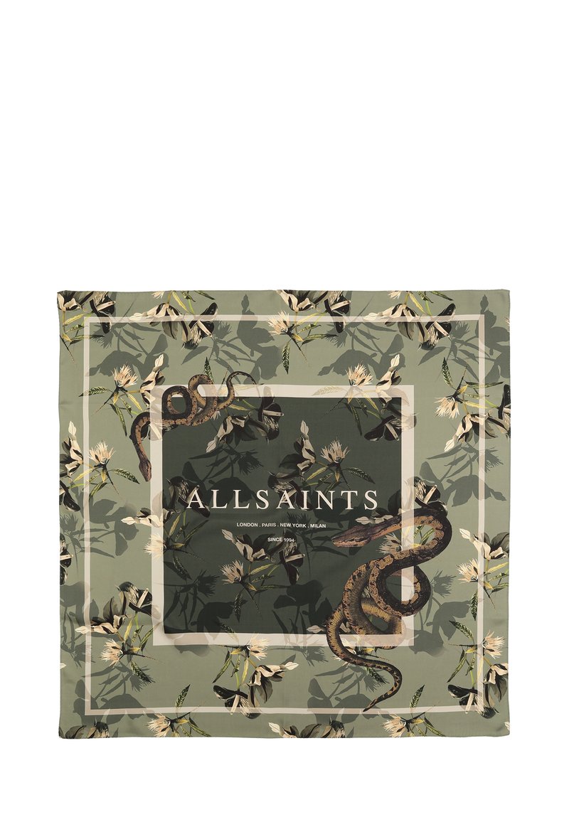 Vierkante sjaal met een groen bloemmotief en een slang-illustratie, omrand met witte lijnen. Het "AllSaints" logo is prominent gecentreerd.