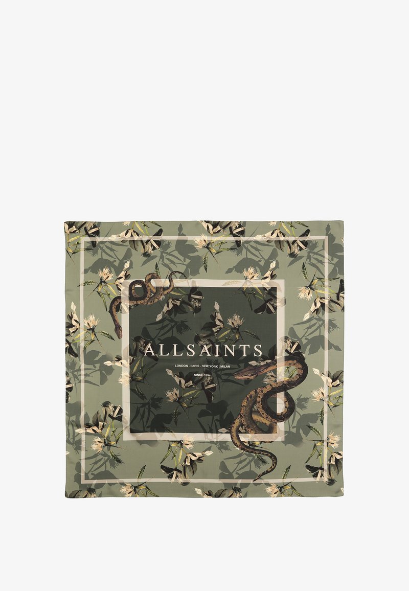 Vierkante sjaal met een groen bloemmotief en een slang-illustratie, omrand met witte lijnen. Het "AllSaints" logo is prominent gecentreerd.