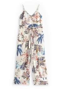 Lichtgewicht, bloemrijke jumpsuit met dunne bandjes, een V-hals, een strik taille en een losse pasvorm. Kenmerkt kleurrijke tropische patronen op een witte achtergrond.