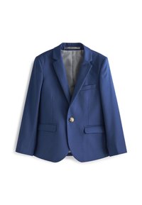 Blauwe blazer met één knoop, twee voorzakken, notch revers en een grijze binnenvoering. Glad stof met een getailleerde pasvorm.