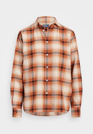 Long-sleeve button-up shirt with orange, cream, and brown plaid pattern and a classic collar, displayed on a white background.