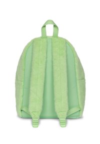 Grüner Rucksack mit einer weichen, flauschigen Außenseite, gepolsterten Trägern und einem glatten Boden. Verfügt über verstellbare Schnallen. Kompaktes, rundes Design.