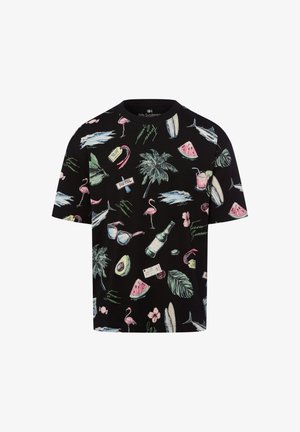 T-shirt noir à manches courtes avec un imprimé graphique coloré sur le thème de l'été, comprenant des palmiers, des flamants roses, des planches de surf et des fruits tropicaux.
