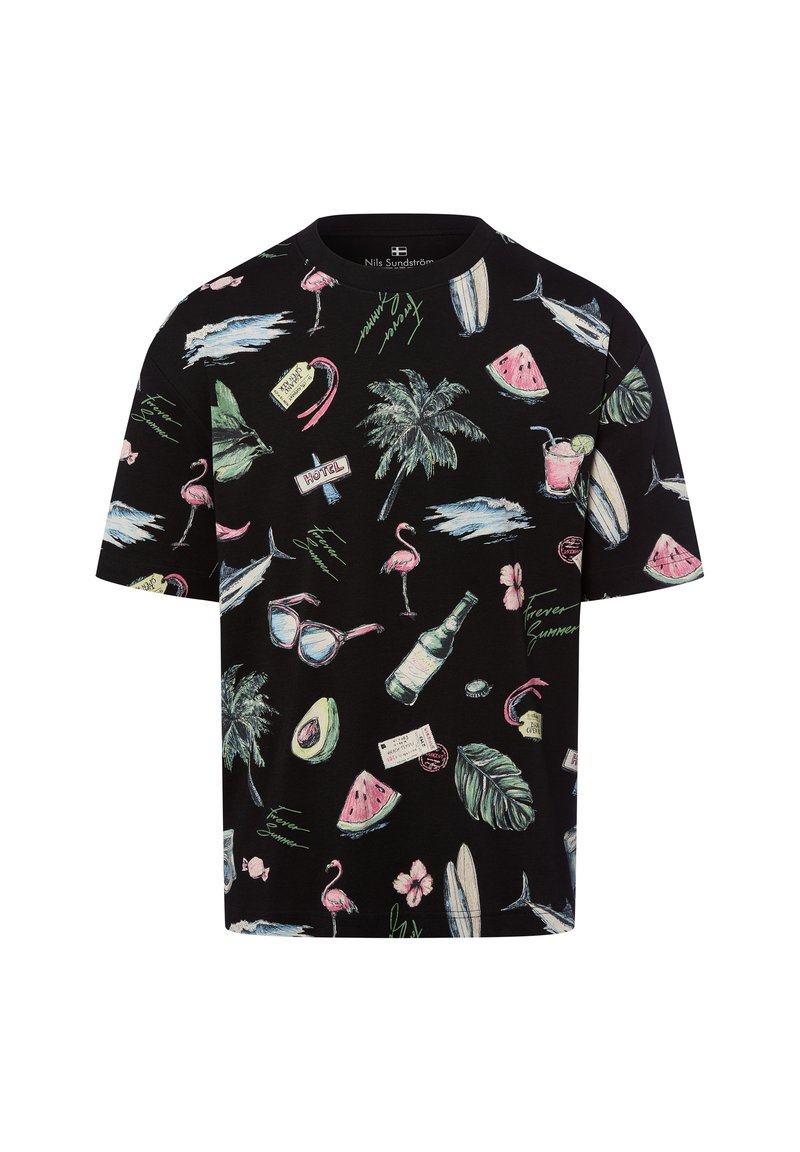 Black short-sleeve t-shirt featuring a colorful summer-themed graphic print with palm trees, flamingos, surfboards, and tropical fruits.