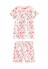 Rosa Pyjama-Set aus weichem Stoff, bestehend aus einem kurzärmeligen Oberteil mit Rüschenkanten und passender Shorts, verziert mit Kirsch- und Blumenmustern.