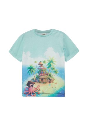 Light blue children's t-shirt with a colorful pirate-themed island, palm trees, and a smiling octopus wearing a pirate hat and sunglasses.